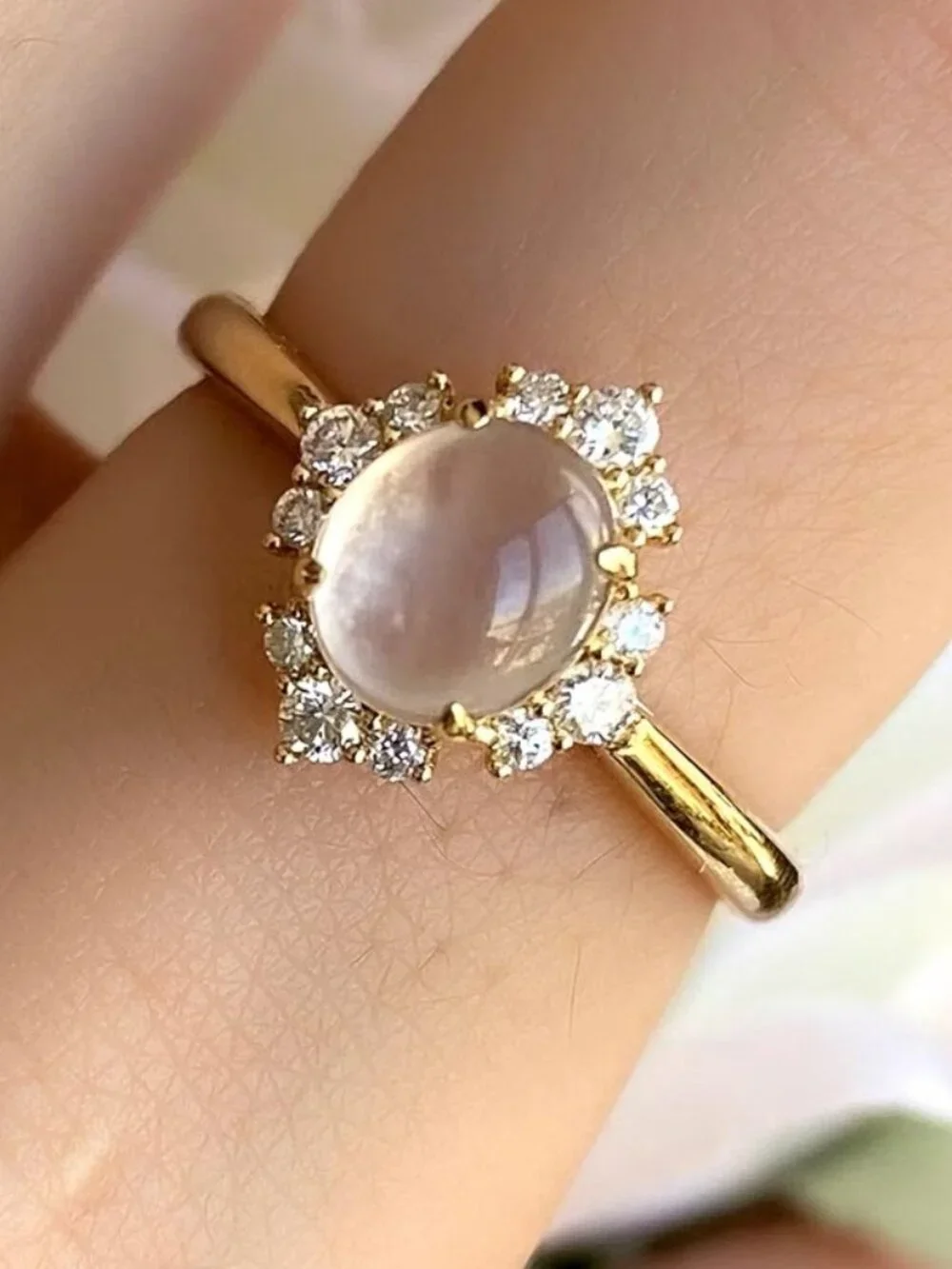 Adjustable Cat Eye Ring Gold Open Ring CZ Halo Statement Ring
